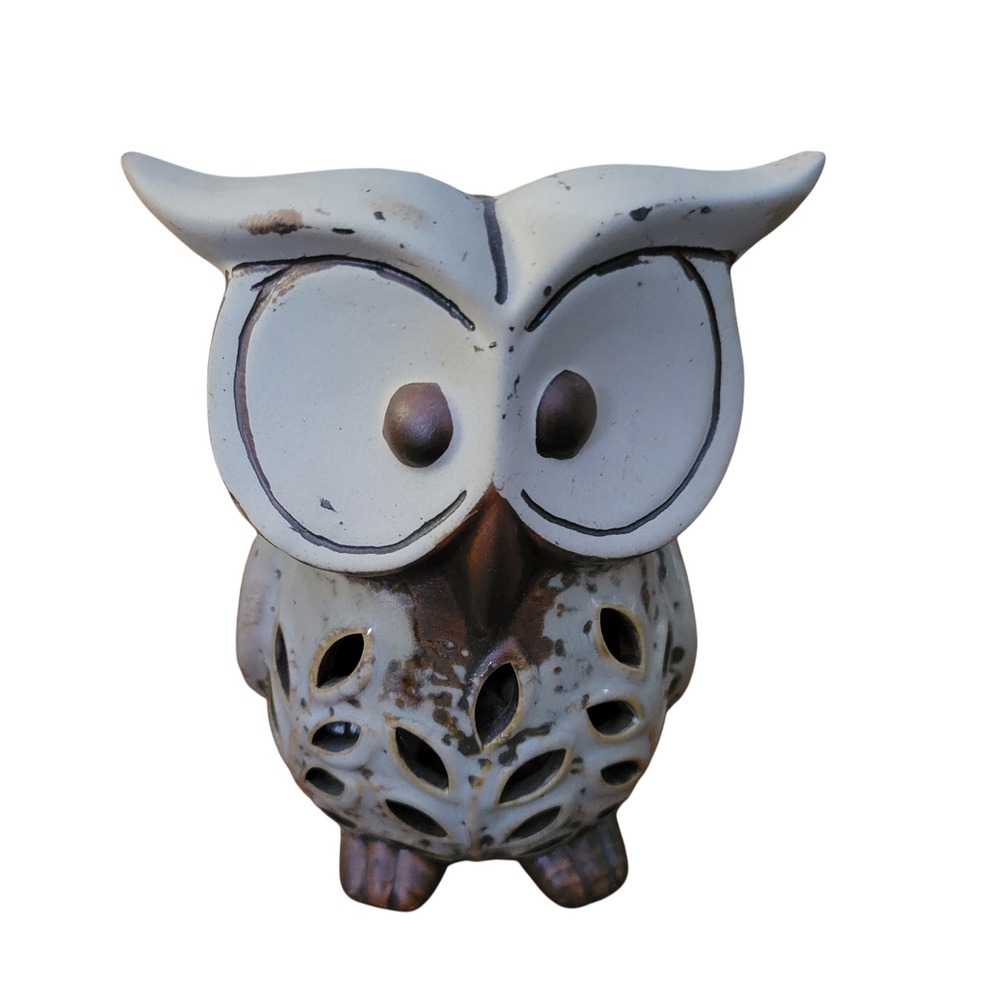 GC Fragrance Ceramic Owl Sandalwood Sachet Holder Distressed White Brown 6 inch